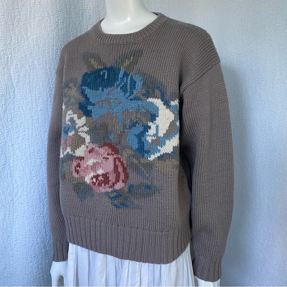 Jones New York Vintage Taupe Sweater with Hand embroidered Floral Design